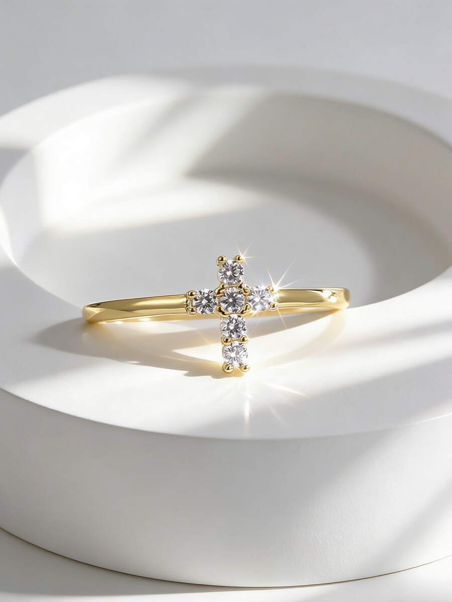 Charm-In 18K Gold Plated Copper Cubic Zirconia Cross Ring, Delicate Faith Ring For Women, Suitable For Baptism And Daily Wear - Gold - View 1