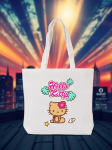 SANRIO 1件装图案帆布单肩包 | 休闲旅行沙滩包 | 大容量可重复使用帆布购物袋，女士适用 | 沙滩印花女士夏季日常/邮轮旅行/度假必备单肩包（无扣） - 彩色 - 查看 9