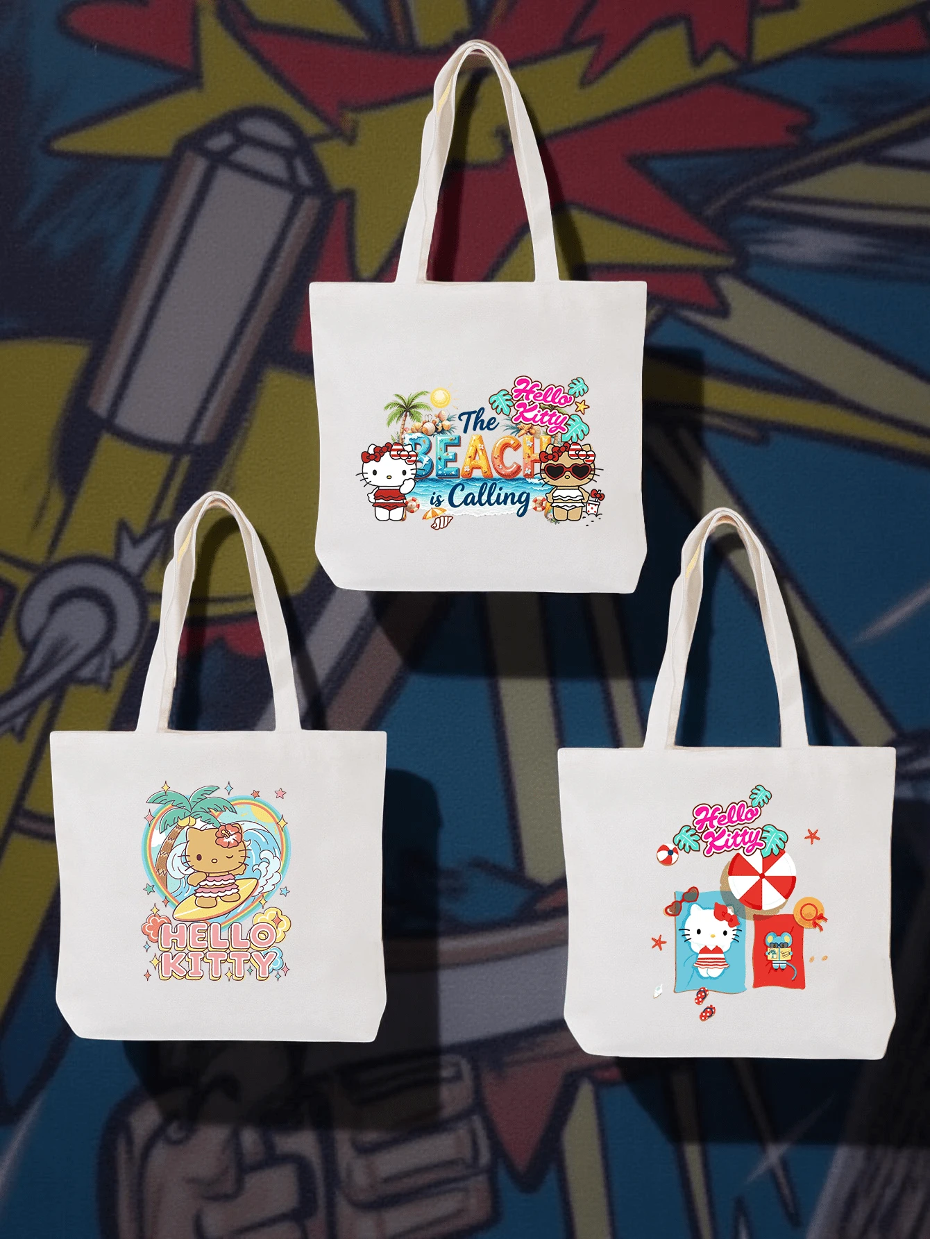 SANRIO 1件装图案帆布单肩包 | 休闲旅行沙滩包 | 大容量可重复使用帆布购物袋，女士适用 | 沙滩印花女士夏季日常/邮轮旅行/度假必备单肩包（无扣） - 彩色 - 查看 1