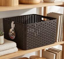 HOMYGO-Cesta Organizadora Tipo Rattan de Plástico 23*40*34 cm / 29*39*19 cm – Canasta de Almacenamiento Ligera y Resistente para Ropa y Limpieza, Color Blanco o Wengué - Wengué - Ver 1