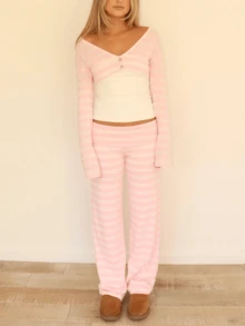 Women Y2k Striped Fold Over Pants Low Rise Yoga Pants Lounge Bottoms Color Block Wide Leg Flare Leggings Sweatpants - 粉色 - 查看 4