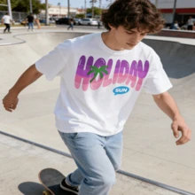 Camiseta de manga corta de algodón 100% con estampado degradado "HOLIDAY" y palmera, look casual y holgado con estilo vacacional veraniego,  en  México - Blanco - Ver 5