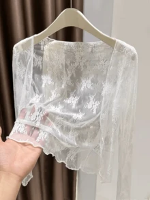 Delicate Vine Velvet Flower Lace Ruffle Trim Long Sleeve Cardigan, Women Short Mesh Sun Protection Shawl, Summer Gentle Style Sun Protection Jacket White - White - View 1