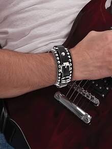 Xiacheng 1/4件装朋克铆钉手链，男士朋克铆钉手链套装，黑色皮革铆钉朋克手镯，手镯，按扣腕带，男女通用礼品手链套装 - 黑色 - 查看 2