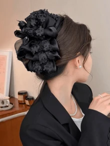 1pc Oversized Floral Ruched Elegant Butterfly Claw Hair Clip Summer Outfits Hair Clips Beach Accessories Summer Beach Claw Clips Vacay Hair Claws - Black - View 8