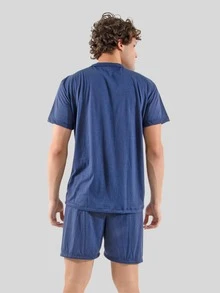 KIT 2 Pijamas Masculino Comprido + Curto Malha Confortável Verão e Inverno - Azul Marinho - Visão 3