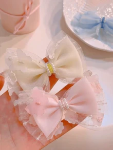 1个蝴蝶蕾丝发夹，公主仙女网纱花朵珍珠马尾夹 - 彩色 - 查看 2