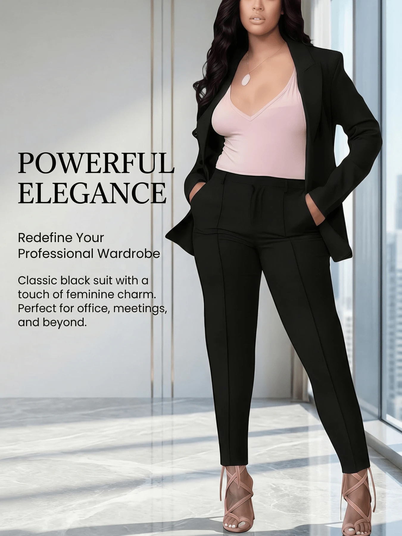 CALEBGAR [Business Suit Set For Women]Deep V Neck Blazer & Pants, Fall Winter Office Wear Professional Outfits For Work - 黑色 - 查看 1