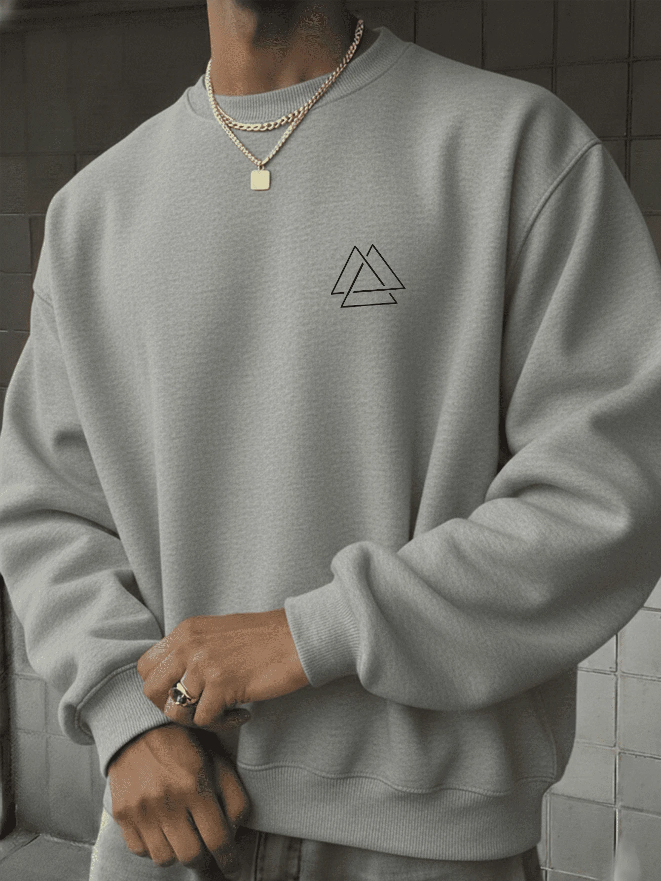 Men's Printed Streetwear Crew Neck Sweatshirt, Warm For Cold Days, 3 Triangles - Grey - View 1