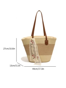 新款女士条纹草编手提包，蕾丝玫瑰流苏大容量单肩包，夏季海滩度假风 - 米色 - 查看 3