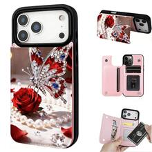 Butterfly Rose/Wallet Card Holder,Credit Card Slots Phone Case For Iphone17/17air 16/15Pro 14/13pro12 11 ProMax Xs 16Plus Case, Cute Phone Case  Galaxy S22/S23+S24 Plus/S25Ultra/ Cover For Women Girls Stylish  Fashionable Coin Pocket Magnetic.A157 - 粉色 - 查看 1