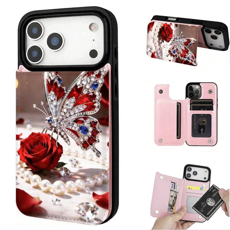 Butterfly Rose/Wallet Card Holder,Credit Card Slots Phone Case For Iphone17/17air 16/15Pro 14/13pro12 11 ProMax Xs 16Plus Case, Cute Phone Case  Galaxy S22/S23+S24 Plus/S25Ultra/ Cover For Women Girls Stylish  Fashionable Coin Pocket Magnetic.A157 - 粉色 - 查看 1