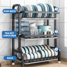 3 Tier Dish Drainer Rack With Drip Tray Cutlery Holder Plate Rack Kitchen Sink, Black - Black - View 3