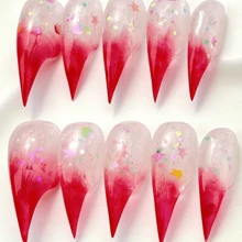 Mnails 10 PCS Handmade Cat Claw Press-On Nails | Vibrant Red-Clear Gradient Bling Nails With Sparkling Star & Glitter Designs, Bold Edgy & Stunning Nail Art For Fashion Party Looks (Tool Kit Included) - 彩色 - 查看 9