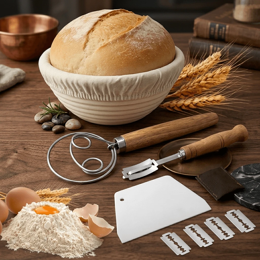 9 piezas Juego de herramientas para hornear pan, Canasta de fermentación ovalada y redonda con batidor de masa, espátula y lama para pan, kit completo de horneado de pan con masa madre para panaderos caseros - - - Ver 1