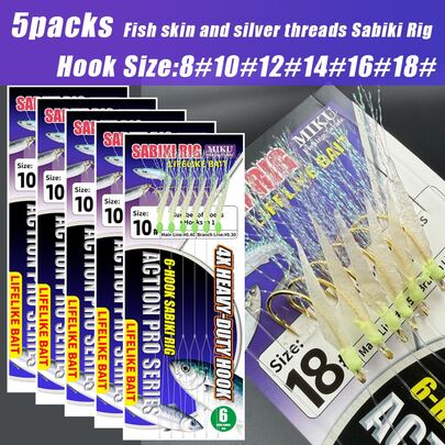 5 Packs Sabiki Rig With Fish Skin And Silver Threads, Glow Beads, High Carbon Steel Hooks, Efficient Sea Fishing Accessories (Suitable For Mackerel/Sardine/Bass/Tuna)