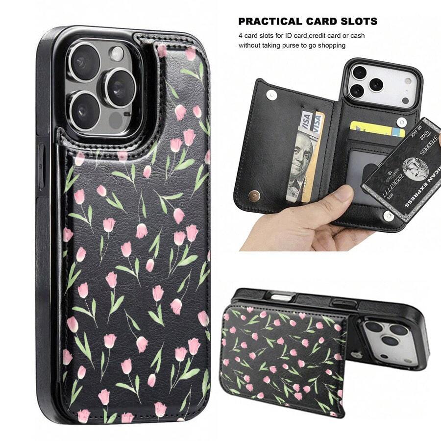 Tulip/Wallet Card Holder,Credit Card Slots Phone Case For Iphone17/17air 16/15Pro 14/13pro12 11 ProMax Xs 16Plus Case, Cute Phone Case Galaxy S22/S23+S24 Plus/S25Ultra/ Cover For Women Girls Stylish Fashionable Coin Pocket Magnetic.A476 - 黑色 - 查看 1