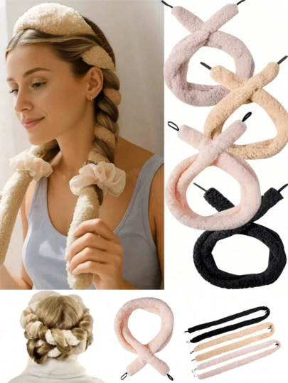 4pcs Extra-Long Heatless Hair Rollers - No-Heat Curlers With Soft Fuzzy Setting & Elastic Bands For Overnight Volume, Voluminous Waves & Curls - Gentle For All Hair Types (Damaging Heat Styling Avoided) - Ideal For Relaxed/Normal