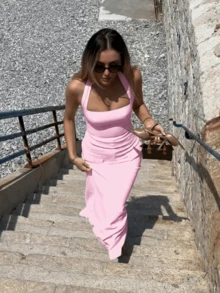 French Elegant Casual Square Neck Backless Top & Straight Skirt Two Pieces Women Summer Set Pink - Pink - View 5