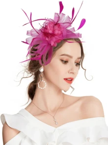 1pc 1950s Kentucky Derby Style Fascinator Hat With Feathers, Veil & Flowers For Tea Party, Wedding, Racing, Vintage 1920s-1940s Costume, Gift For Women, Girls, Mother's Day, Halloween, Christmas - Black, Navy Blue, Light Blue, Lotus Pink, Rose Red, Mini Hat, Mini Headpiece, Mini Cap,Summer,Beach - Multicolor - View 9