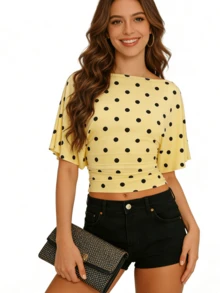Women's Casual Polka Dot Top - Y2K Batwing Sleeve Fitted Short-Sleeved Vest - 黃色 - 查看 4