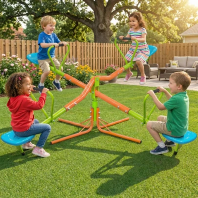 XSS004 outdoor playground four seats seesaw for kids 360 degree rotating sturdy plastic seat seesaw for kids age 3+ Außen-Spielplatz-Wippe mit vier Sitzen für Kinder – 360-Grad-drehbare Wippe mit stab