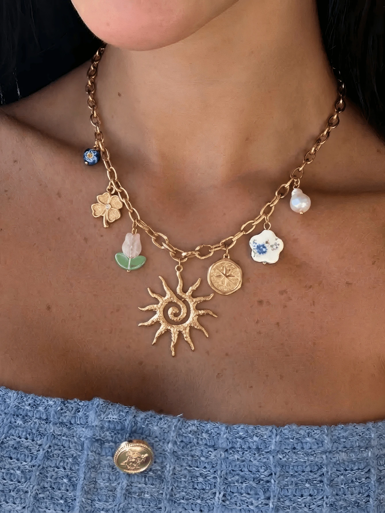 1 chiếc vòng cổ mặt dây chuyền hình mặt trời phong cách Bohemian mùa hè bằng thép không gỉ, với các chi tiết hoa hướng dương, trái tim, hoa gốm và ngọc trai giả, thích hợp cho bãi biển, kỳ nghỉ và đeo hàng ngày. - Nhiều màu - Xem 1