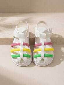 Sandal trẻ em, giày bệt cho bé gái, có thể điều chỉnh kích cỡ, size 3-12 tuổi, màu trắng ngà, mũi kín, quai sọc cầu vồng, màu xanh lá cây pastel, vàng, hồng, đế dày, kiểu La Mã, có khóa dán. - Nhiều màu - Xem 1