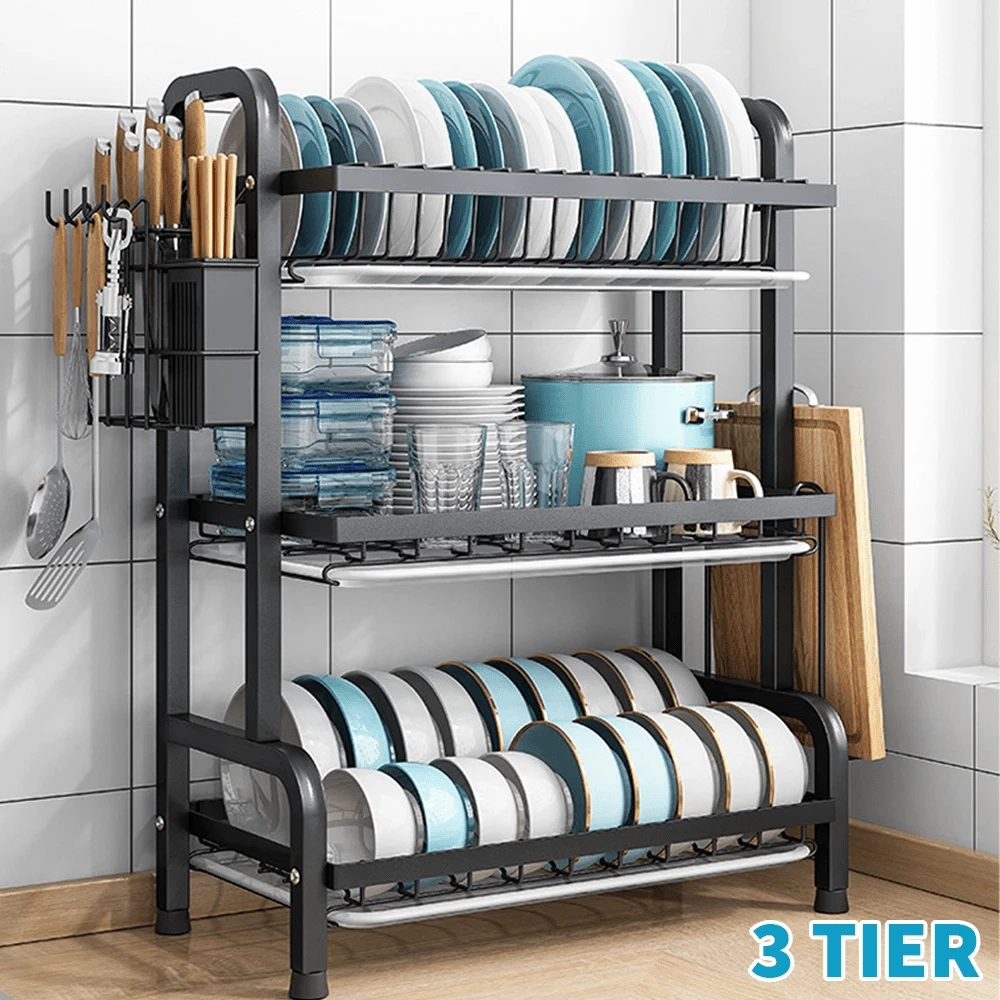 3 Tier Dish Drainer Rack With Drip Tray Cutlery Holder Plate Rack Kitchen Sink, Black - Black - View 1