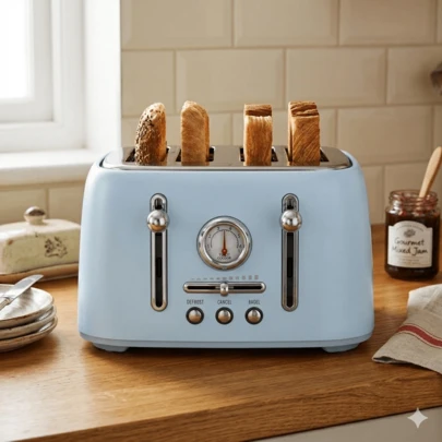 4 Slice Toaster Stainless Steel, Retro Wide Slot Toaster 1.6 Inch, 6 Browning Levels With Bagel Defrost Cancel, Removable Crumb Tray, Blue