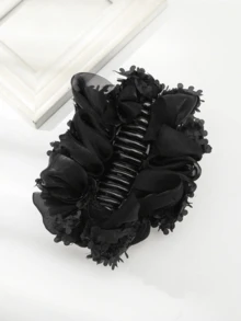 1pc Oversized Floral Ruched Elegant Butterfly Claw Hair Clip Summer Outfits Hair Clips Beach Accessories Summer Beach Claw Clips Vacay Hair Claws - Black - View 6