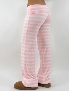 Women's Striped Print Fold Over Waist Wide Leg Pants Casual Loose Streetwear Long Pants - Hồng - Xem 6