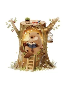 1pc Cozy Tree House Otter Family Reading Wall Sticker, Nature Style Removable Decal For Kids Room Bedroom - Bear Tree Hole - View 6