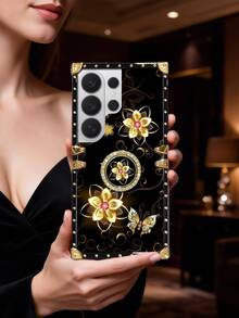1pc Gold Flower & Butterfly Flat Pattern Rectangle Shockproof Phone Case, Compatible With Samsung Galaxy S26 Ultra/S26/S26 Plus/S25FE/S25Ultra/S25+/S25/S24 Plus/S24/S24U/S23 Ultra/S22ULTRA/A56 5G/A36/A17/A16 And Apple 17proamx/17/16 Promax/16/15PRO Max/15/14 Plus/15plus/14 Pro Max/13promax Models. [International Version, Not Domestic] - Black and Gold + Ring Holder - View 1
