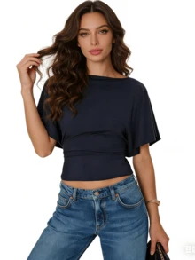 Women's Polka Dot Line Neck Sleeveless Loose Bottom Strapless Top Is Suitable For Travel Party Dance - Màu xanh hải quân - Xem 2