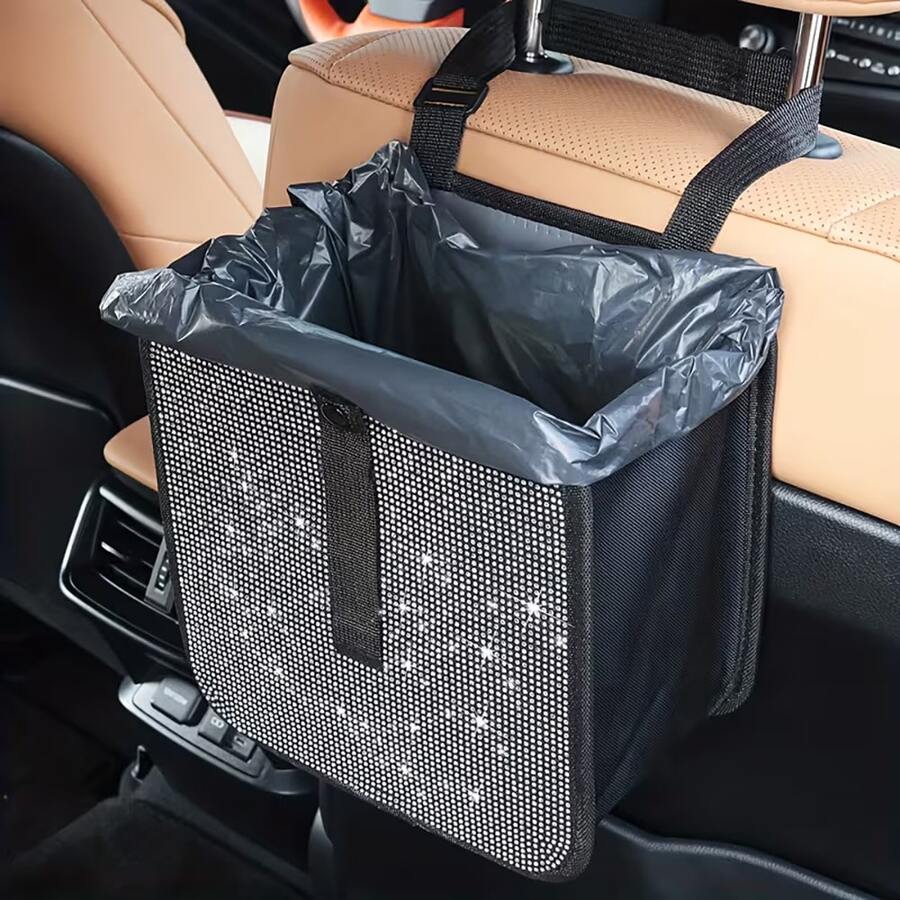 1pc Rhinestone Decorated Car Trash Can, Foldable In-Car Garbage Organizer, Multi-Functional Backseat Storage & Decor, Suitable For Cars & Trucks - A - View 1