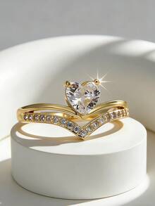 Charm-In Heart Cut CZ Split Shank 18K Gold Plated Copper Ring V-Shaped Paved CZ Heart Ring For Women - Gold - View 1