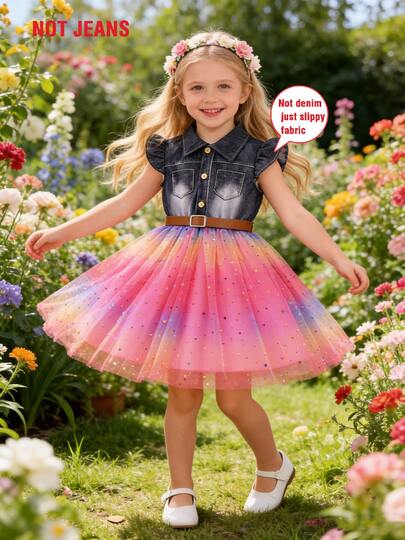 Fashion Patchwork Imitation Denim Dress For Girls, Summer Design Flutter Sleeve Turndown Collar Waisted Mid-Length Dress, Children Outdoor Casual Ombre Mesh Skirt With Belt, Suitable For School & Party, Young & Little Young Girl