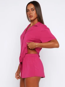 Women's 2 Piece Pajama Set Short Sleeve Button Down Collared Top And Elastic Waist Shorts Loungewear Set Sleepwear - Màu Hồng Tươi - Xem 4