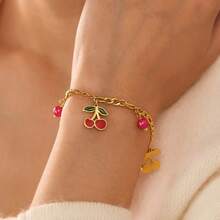 1pc Cute Cherry Pendant Bracelet, Minimalist Gold Chain Red Bead Jewelry - Multicolor - View 5