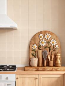 2D Hand-Crafted Wooden Sculpture Of Daisy Flower And Kitchen Utensils - Vintage Carving Style, Visible Wood Grain, Cottagecore Collage, With Whisk, Spoon And Other Kitchen Decors On Wooden Wall - Multicolor - View 5