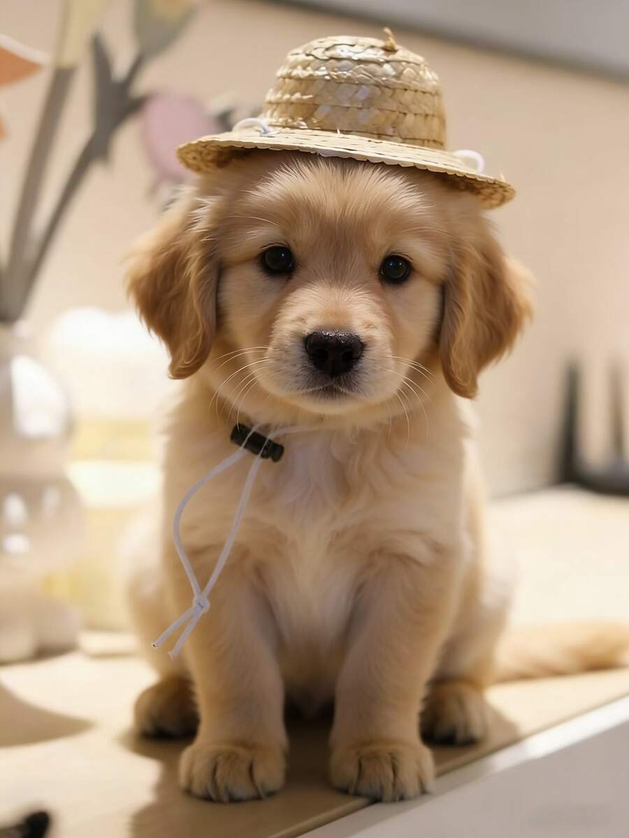 Handmade Woven Straw Hat Headpiece, Suitable For Small Cats And Dogs, Outdoor Pet Sun Protection Hat - Champagne - View 1
