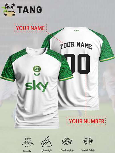 Customized Ireland 25/26 Home Jersey, Personalized With Name & Number, Comfortable Round Neck Sports Shirt, Soft & Lightweight Football Tee, Suitable For Football Training, Casual Wear, And Gift