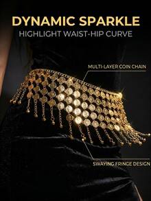 Fashionable Multilayer Coin Tassel Waist Chain, Versatile For Banquet, Party, Wedding - Gold - View 2