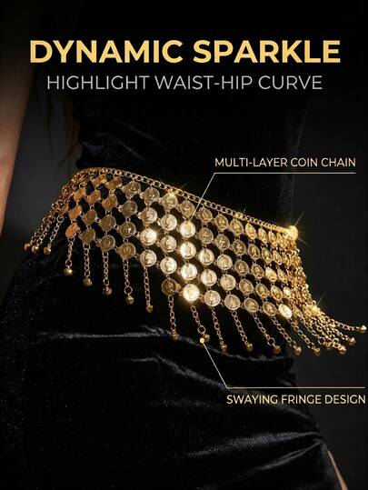Fashionable Multilayer Coin Tassel Waist Chain, Versatile For Banquet, Party, Wedding