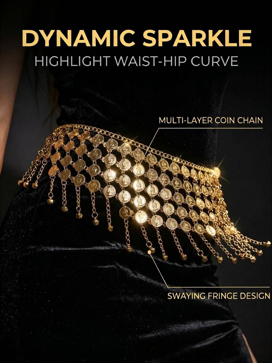 Fashionable Multilayer Coin Tassel Waist Chain, Versatile For Banquet, Party, Wedding