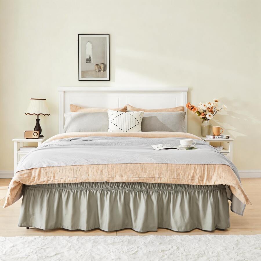 VOLTITO 1pc Elastic Bed Ruffle - Easy Wrap Around Ruffle - Microfiber Bed Skirt With Adjustable Elastic Belt 15 Inch Tailored Drop - Hotel Quality Bedskirt, Fade Resistant (T/F/Q/K) - Xám - Xem 1