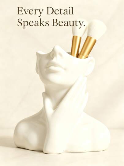 1 Piece Flagship Makeup Brush Holder, Unique Abstract Face-Shaped Design With Hands Holding Chin, Functional Vanity Organizer For Cosmetic Storage, Decorative Makeup Accessory, Cosmetic Brush Organizer, Vanity Desk Decor, Beauty Tool Holder, Professional Makeup Brush Stand