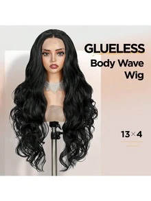 13x4英寸高清透明蕾丝前假发片 | 28英寸黑色波浪卷合成假发，无胶预拔发际线，耐热透气，适合日常佩戴、派对和角色扮演，是理想的圣诞礼物 - 黑色 - 查看 5