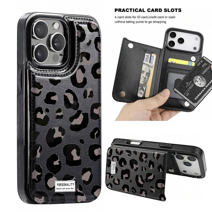 Leopard Print (English)/Wallet Card Holder,Credit Card Slots Phone Case For Iphone17/17air 16/15Pro 14/13pro12 11 ProMax Xs 16Plus Case, Cute Phone Case  Galaxy S22/S23+S24 Plus/S25Ultra/ Cover For Women Girls Stylish  Fashionable Coin Pocket Magnetic.A317 - 黑色 - 查看 1